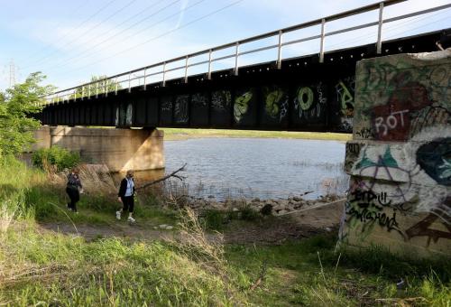 Lori Lobchuk and Norma Sozansky walk along the Sentier Gabrielle-Roy Trail along the Seine River in St.Boniface, Saturday, June 8, 2013. (TREVOR HAGAN/WINNIPEG FREE PRESS)