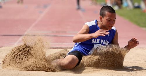Ethan Diakow from Oak Park High School participates in the long jump during the Milk Provincial Track and Field Championships at the University of Manitoba, Saturday, June 8, 2013. (TREVOR HAGAN/WINNIPEG FREE PRESS) - for kyle jahns story