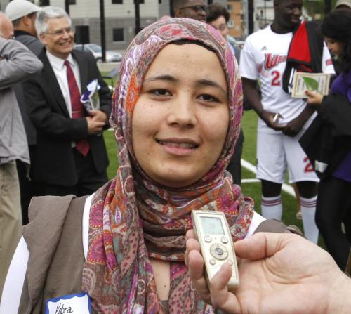 Kobra Hosseini is interviewed after the grand opening ceremony of the Gordon Bell Panther Greenspace Monday.  Oliver Sachgau  story.(WAYNE GLOWACKI/WINNIPEG FREE PRESS) Winnipeg Free Press June 10 2013