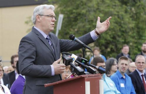 Premier Greg Selinger at the grand opening ceremony of the Gordon Bell Panther Greenspace Monday.    Oliver Sachgau  story.(WAYNE GLOWACKI/WINNIPEG FREE PRESS) Winnipeg Free Press June 10 2013