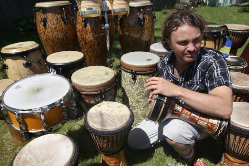 Chris Scholl is the founder of DNA Rhythms - a company that stages drum sessions with special needs kids, seniors, corporations etc to teach working as a group, self-expression and community involvement. Chris can accommodate up to 40 drummers at a time- see Dave Sanderson story- June 11, 2013   (JOE BRYKSA / WINNIPEG FREE PRESS)