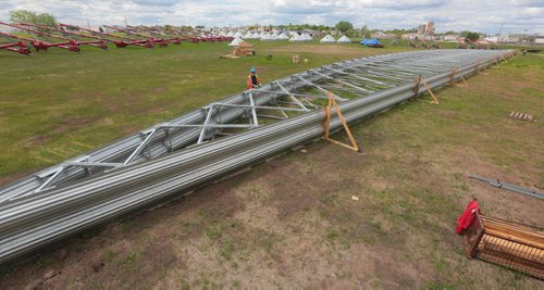 Brandon Sun A large metal truss sits assembled in a field at Behlen Industries as a mock-up for an order that will be sent to Russia. FOR CHARLES (Bruce Bumstead/Brandon Sun)