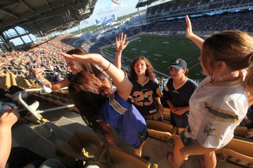 Winnipeg Blue Bomber fans cheer on the Bombers  at Investors Group Field Wednesday evening.  Names  - Dave Dupont (long curly hair), his brother Alex Dupont, and his girlfriend Brooke Foster (blue bomber shirt), Chelsea Foster (white shirt) and Andrea Foster (far left). June 12. 2013 Ruth  Bonneville, Winnipeg Free Press  stadium