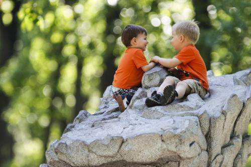 Friendship on the rocks - but not in the usual sense of the term. Tieg Meacham (left, age 2) and Alex Ploegman (age 3) meet atop a gigantic boulder in Kildonan Park for an unplanned playdate on Thursday, June 13, 2013. (JESSICA BURTNICK/WINNIPEG FREE PRESS)