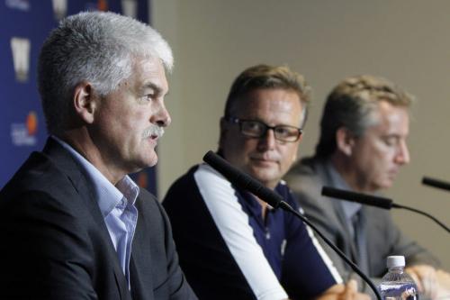 (left to right) Winnipeg Blue Bombers Vice President and COO Jim Bell, President and CEO Garth Buchko, and Winnipeg Transit Director Dave Wardrop spoke to media at a press conference at the Investors Group Field stadium on Thursday, June 13, 2013, the day following the Bombers inaugural preseason game against the Toronto Argos, in which they lost 24-6. (JESSICA BURTNICK/WINNIPEG FREE PRESS)