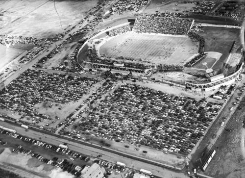 Aerial view of the Winnipeg Football Stadium which opened in 1953. Winnipeg Free Press Archives.