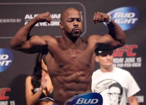 Rashad Evans wows the crowd at the UFC 161 weigh in Friday afternoon at the MTS Centre in Winnipeg- Rashad Evans will face Dan Henderson, not pictured, in the light heavyweight bout  that will take place Saturday night  -See story- June 13, 2013   (JOE BRYKSA / WINNIPEG FREE PRESS)