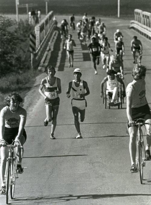 First annual Manitoba Marathon - June 16,  1979 Winnipeg Free Press  Front runners in Headingley.   (James Haggarty/Winnipeg Free Press )