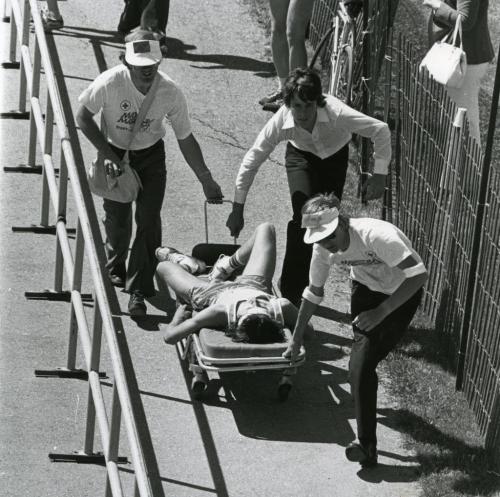 First annual Manitoba Marathon - June 16,  1979 Winnipeg Free Press  Runner who collapsed at finish line is wheeled away.   (Wayne Glowacki/Winnipeg Free Press )