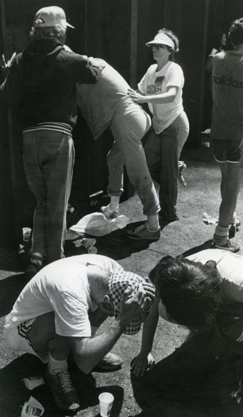 First annual Manitoba Marathon - June 16,  1979 Winnipeg Free Press  "Retcher's Row." Runners collapse after finishing.   (James Haggarty/Winnipeg Free Press)