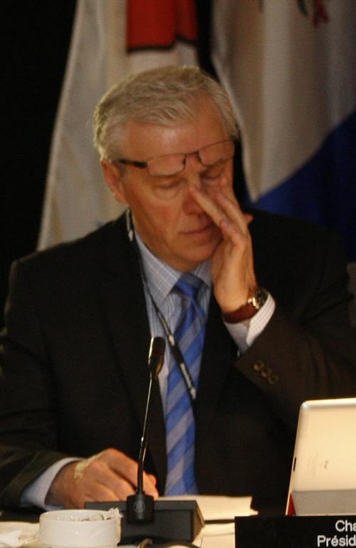 Manitoba Premier Greg Selinger ,rubs his eyes  during  meeting with premiers - at Western Canadian Premiers Conference  opened Monday morning with a photo op , they will discuss the economy , and other issues  such as bullying . Story by  Larry Kusch  KEN GIGLIOTTI / JUNE 7 12013 / WINNIPEG FREE PRESS