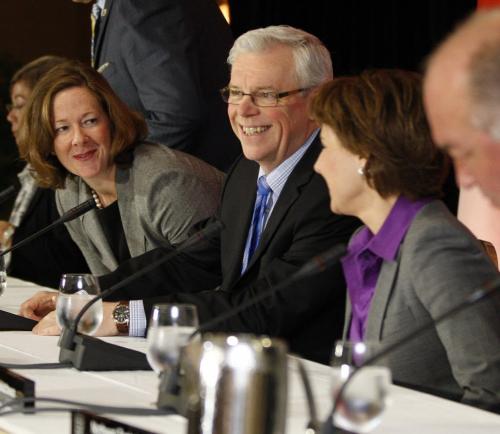 LtoR Alberta Premier Alison Redford ,Manitoba Premier Greg Selinger ,BC Premier Christy Clark at joint closing statement  speaks at the  2013 Western  Premiers Conference  noon hour closing press conference  Monday at the Fairmont Hotel  , they will discussed oil ,  the economy , and other issues  such as bullying . Story by  Larry Kusch  KEN GIGLIOTTI / JUNE 7 2013/ WINNIPEG FREE PRESS