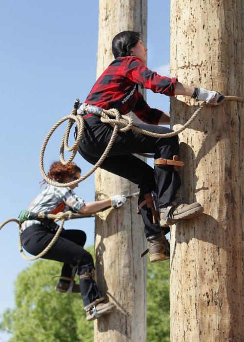 June 17, 2013 - 130617  -  Jaclyn Ramsay (R) and Lauren Tulk compete in the Tree Climb during the West Coast Lumberjack Show at the Red River Ex Monday, June 17, 2013. John Woods / Winnipeg Free Press