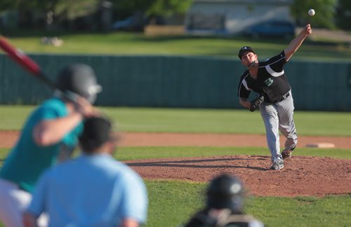 Brandon Sun Anthony Friesen delivers a pitch for the Cloverleafs during Tuesday night's MSBL game against the Brandon Marlins at Andrews Field. (Bruce Bumstead/Brandon Sun)