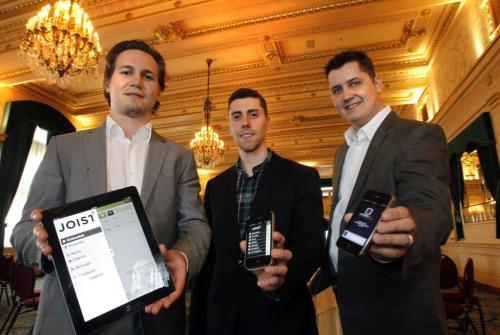 From left, Justin Kathan and Brendon Sedo co-founders of Joist  and Dustin Refvik, founder of Scheduleaide participated in the Manitoba Venture Challenge that took part in the Fort Garry Hotel Wednesday. Geoff Kirbyson story. (WAYNE GLOWACKI/WINNIPEG FREE PRESS) Winnipeg Free Press June 19 2013