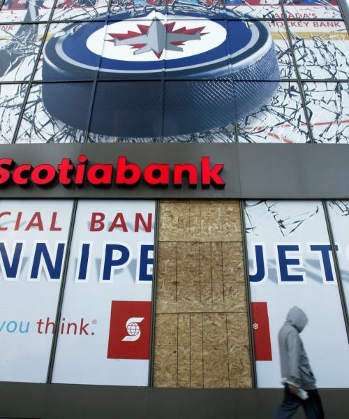 It was reported that the front window of the Scotiabank at the intersection of Portage and Main was vandalized Sunday night . (WAYNE GLOWACKI/WINNIPEG FREE PRESS) Winnipeg Free Press June 24 2013
