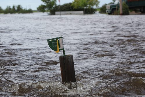 Brandon Sun 26062013 A rain gauge in a yard in the community of Reston, Manitoba is surrounded by flood water on Wednesday. (Tim Smith/Brandon Sun)