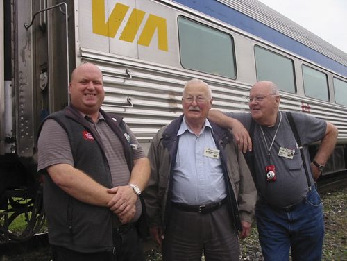Photos to go with travel section story on train travel to Churchill. Here are some photos to go with my story about taking the train to Churchill. The story focues on old-fashioned train travel along the Hudson Bay Line, built over muskeg in 1929. Rail Travel Tours president Daryl Adair with fellow trackies, Robert Ernstberger and Jack Simpson. July 6 2013.  Bill Redekop story / photo. Winnipeg Free Press.