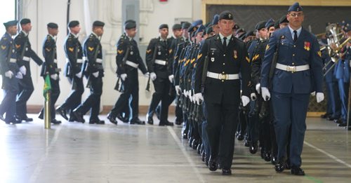 Brandon Sun Soldiers with the Area Support Group march on parade during Tuesday's Change of Command Ceremony. (Bruce Bumstead/Brandon Sun)