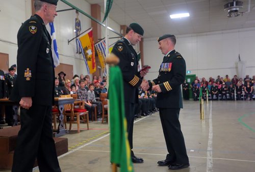 Brandon Sun Lt-Col. Goodyear, right, was heading his command bar from Col. Derek Macaulay following his service as Base Commader, CFB/ASU Shilo, on Tuesday. (Bruce Bumstead/Brandon Sun)