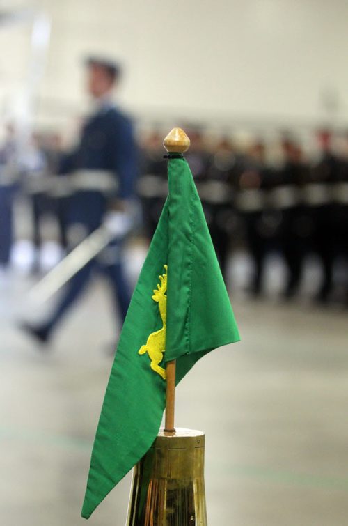 Brandon Sun The CFB Shilo pennant flies from the a parade square marker as members of the command unit fall into formation during Tuesday's Change of Command Ceremony. (Bruce Bumstead/Brandon Sun)