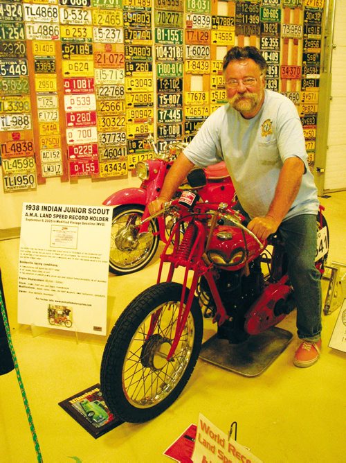 Canstar Community News Antique motorcycle enthusiast Ross Metcalfe astride the Bonneville record breaking 1938 Indian Junior Scout. ANDREA GEARY/CANSTAR COMMUNITY NEWS