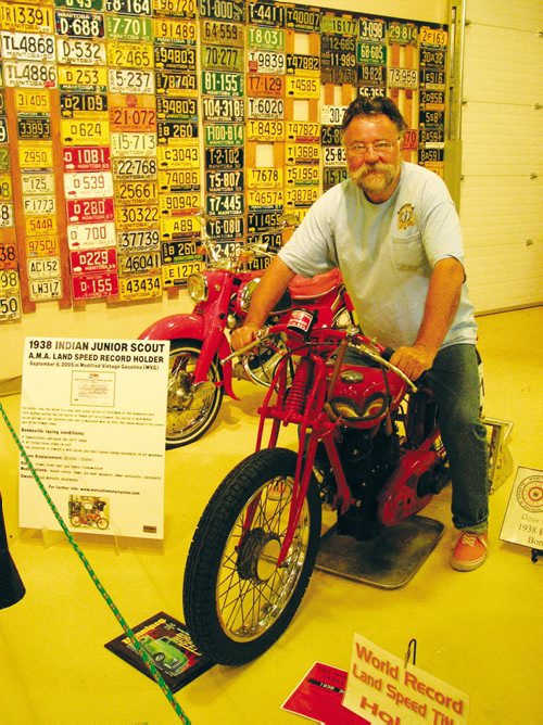Canstar Community News Ross Metcalfe displays the restored 1938 Indian Junior Scout that broke a speed record in 2055 at Bonneville. ANDREA GEARY/CANSTAR COMMUNITY NEWS