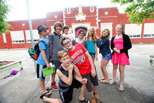 A group of Windsor School students pose for a photo outside their school on their last day.  Names from left to right  - Quinn, Garrett, Julian, Shelby, Hailey, Aby, Sarah, Griffin and Noah (red).  Grade 8 Windsor School students spend the final moments on the last day of school writing in each others yearbooks, cleaning out lockers and sharing tearful goodbyes as they transition from grade school to High School in the fall of this year.  Some of the students have been attending Windsor School  with the same group of friends since kindergarden. Although most of the students will be going to Glenlawn Collegiate some have plans to attend a different high school.  Photo's taken on June 28, 2013 Class of 2017 Doug Speirs story.  July 11 , 2013 Ruth  Bonneville , Winnipeg Free Press