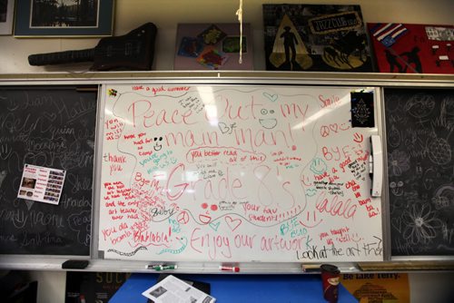 "Peace Out"  messages left on white board in one of the Grade 8 classrooms on the last day of school.  Grade 8 Windsor School students  spend the final moments on the last day of school writing in each others yearbooks, cleaning out lockers and sharing tearful goodbyes as they transition from grade school to High School in the fall of this year.  Some of the students have been attending Windsor School  with the same group of friends since kindergarden. Although most of the students will be going to Glenlawn Collegiate some have plans to attend a different high school.  Photo's taken on June 28, 2013 Class of 2017 Doug Speirs story.  July 11 , 2013 Ruth  Bonneville , Winnipeg Free Press