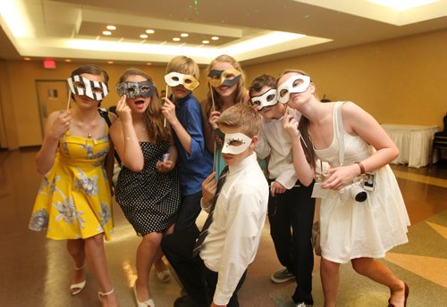 Grade 8 Windsor School students  celebrate the end of their classes at Windsor School  as they move on to high school at  a Farewell dinner and dance party at the end of June 2013.  Most of the students will be attending Glenlawn Collegiate in the fall of this year but some plan on moving to different high schools. Students pose with their masks at the end of their farewell party - Names from left - Aby, Mackenzie, Avery, Hailey, Noah, Sydney and Liam (front) Class of 2017 Doug Speirs story.  July 11 , 2013 Ruth  Bonneville , Winnipeg Free Press