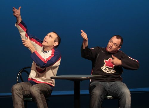 At left, Jon Paterson and Ryan Gladstone in HOCKEY NIGHT AT THE PUCK AND PICKLE PUB will be performed at the Winnipeg Fringe Festival.Kevin Prokosh story  Wayne Glowacki/Winnipeg Free Press July 15 2013