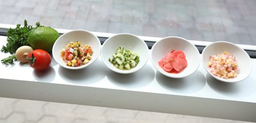 Summer salsa's.  Corn, Cucumber, Radish and  Pineapple and onion - Prepared at   Red River's culinary arts institute.   49.8  July 17, , 2013 Ruth  Bonneville , Winnipeg Free Press