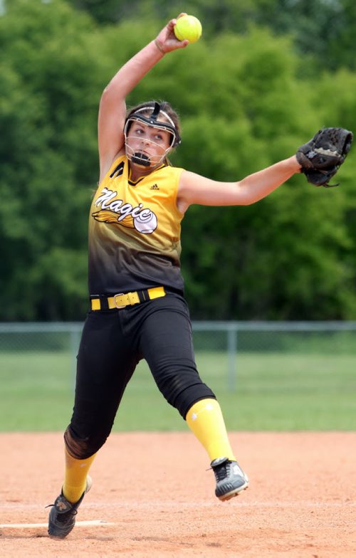 Brandon Sun 20072013 Jasmine Pipella of the Westman Magic winds up for a pitch during Softball Manitoba Under-14 girls provincial championship action against the Smitty's Terminators at the North End Community Centre ball diamonds on Saturday. (Tim Smith/Brandon Sun)
