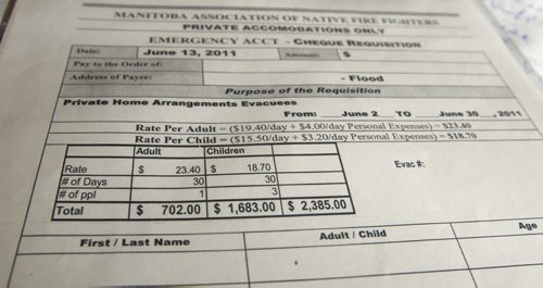 MB. Ass. of Native Fire Fighters  billing form for one adult and three children for the month - Misty Lake Lodge is home to many aboriginal flood evacuee from the Lake Manitoba Flood , the  lodge  has not been paid for accomodating evacuees Äì Randy Turner story-  KEN GIGLIOTTI / JULY 22 2013 / WINNIPEG FREE PRESS