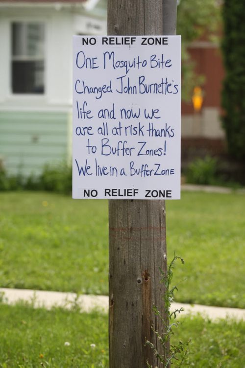 Brandon Sun A sign posted on the 400-block of 12th Street displays a message from a neighbourhood resident concerned over the buffer zone in the core area of the city on Tuesday afternoon.  (Bruce Bumstead/Brandon Sun)