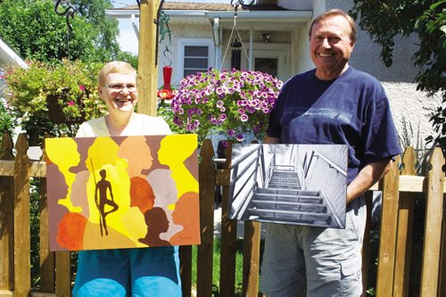 Canstar Community News July 16, 2013 - Elmwood residents Elizabeth Delgatty and Bob Ludwick show off artwork that will be on display at Selkirk's Gwen Fox Gallery from July 30 to Aug. 24. (DAN FALLOON/CANSTAR COMMUNITY NEWS)