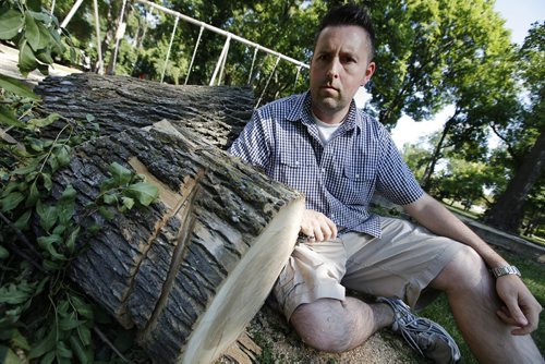 July 28, 2013 - 130728  -  Jason Booth is photographed in Fraser's Grove Park with a tree trunk that has  suspicious cuts in it Sunday, July 28, 2013. Booth discovered the cuts in the tree when he was playing with his son on the nearby swings. The city has cut the tree down for safety reasons. The park has been a target for several incidents of vandalism. John Woods / Winnipeg Free Press