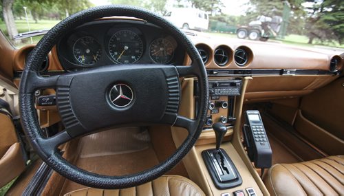 (Interior shot of instrument panel and steering wheel) This 1974 Mercedes-Benz 450SLC was purchased on eBay from Ventura, California by Winnipegger Roberta Beach in January, and shipped in early Spring. It was first owned, however, by American actress Carol Burnett, who is best known for her variety show The Carol Burnett Show. Tuesday, July 30, 2013. (JESSICA BURTNICK/WINNIPEG FREE PRESS)
