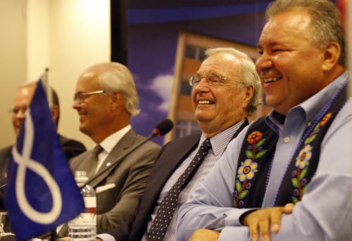 Land Claims Strategic Investment Committee Äì RtoL - David Chartrand Pres. with former PM , Paul Martin ,Hartley Richardson , Sanford  Riley , Äì at MMF newser all joining to advise  David Chartrand Pres. of MMF with negotiation issues . KEN GIGLIOTTI / JULY 31 2013 / WINNIPEG FREE PRESS