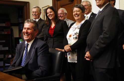 Brian Pallister talks about his first year as the MB. Conservative  Party leader at a legislature  supported by with  members and collegues  at newer Äì larry kusch story  KEN GIGLIOTTI / JULY 31 2013 / WINNIPEG FREE PRESS