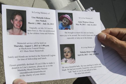 A memorial leaflet that was distributed to attendees at the funeral service of Lisa Gibson and her two children, Anna, 2, and Nicholas, age 3 months. Thursday, August 1, 2013. (JESSICA BURTNICK/WINNIPEG FREE PRESS)