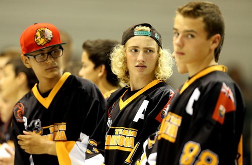 Team Manitoba and others on the floor at Billy Mosienko during the opening ceremonies of the Bantam Box Lacrosse National Championship, Friday, August 2, 2013. (TREVOR HAGAN/WINNIPEG FREE PRESS)