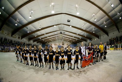 Team Manitoba and others on the floor at Billy Mosienko during the opening ceremonies of the Bantam Box Lacrosse National Championship, Friday, August 2, 2013. (TREVOR HAGAN/WINNIPEG FREE PRESS)