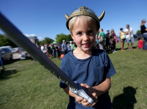 Colton Boulanger, 4, doing his best Viking impersonation at the Icelandic Festival of Manitoba in Gimli, Saturday, August 3, 2013. (TREVOR HAGAN/WINNIPEG FREE PRESS)