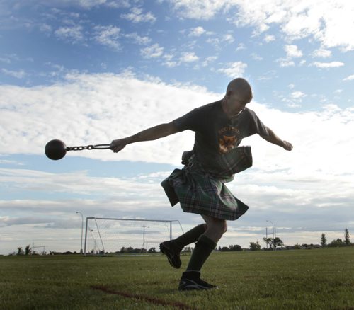 Gord Stalker from the Pavilion of Scotland  gave a demonstration Thursday morning of some of the Celtic sports like the 28lb. weight throw that will be part of the Heavy Games  nine event competition Saturday  starting at 11AM on the field by the Pavilion in the Glenwood Community Centre.   Geoff Kirbyson pos. story/video Wayne Glowacki / Winnipeg Free Press Aug. 7  2013