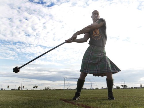 Gord Stalker from the Pavilion of Scotland gave a demonstration Thursday morning of some of the Celtic sports like throwing the 12lb. light hammer that will be part of the Heavy Games nine event competition Saturday  starting at 11AM on the field by the Pavilion in the Glenwood Community Centre.   Geoff Kirbyson pos. story/video Wayne Glowacki / Winnipeg Free Press Aug. 7  2013