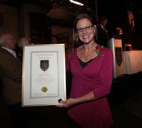 Winnipeg Free Press journalist Ashley Prest was presented a certificate of special recognition for her football coverage spanning 25 years and inducted at the 4th Annual Football Manitoba Hall of Fame Induction luncheon Thursday.       see program Wayne Glowacki / Winnipeg Free Press Aug. 7  2013