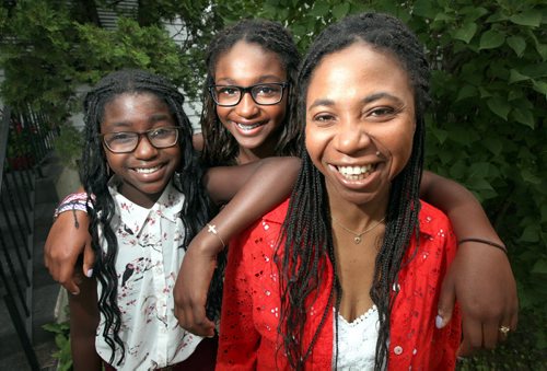Marie Pudwill (right) poses with her daughters  Aliyah 11, and Taina 12, who went to Camp Nutimik in July (their sister Abby (not in photo) is counselling there this summer).  August 9, 2013 - (Phil Hossack / Winnipeg Free Press)