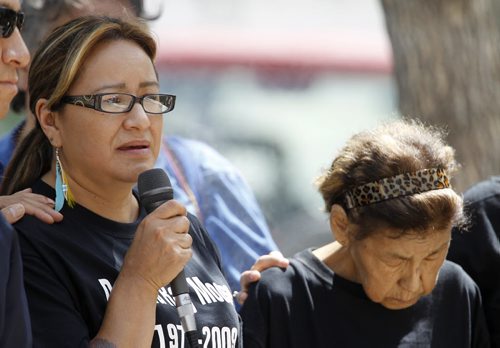 Louise Moose-Gotkin, sister, and Marie Moose, mother of Donald Ray Moose who died while in custody, during National Prisoner Justice Day, Saturday, August 10, 2013. (TREVOR HAGAN/WINNIPEG FREE PRESS)