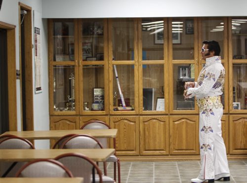 Gil "Gilvis" White of Regina, Sask. awaits his name to be called. He is the first of a half dozen Elvi to grace the stage at the annual Gimli Elvis Festival on Saturday, August 10, 2013 at the Gimli Recreation Centre. (JESSICA BURTNICK/WINNIPEG FREE PRESS)